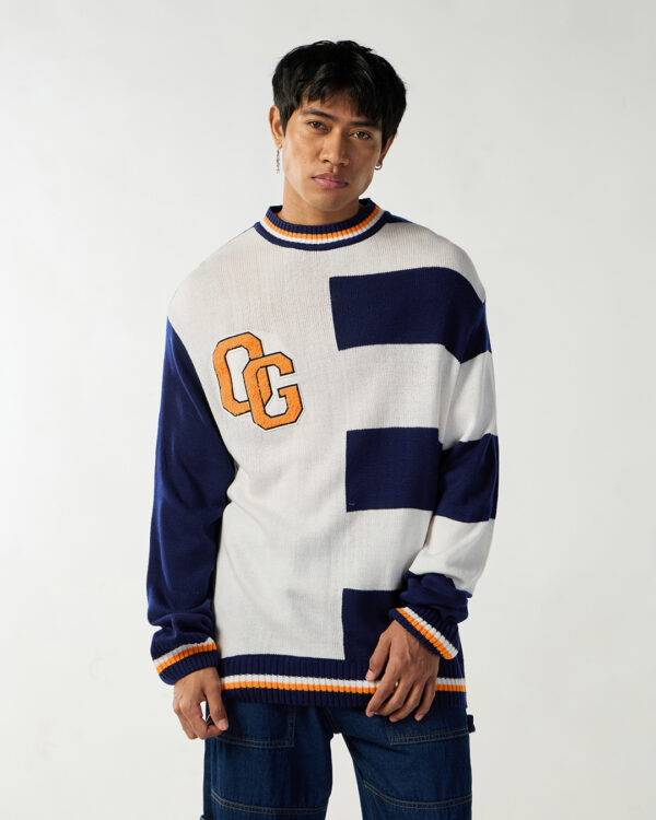 Bewakoof® Men's White & Blue Color Block Oversized Sweater